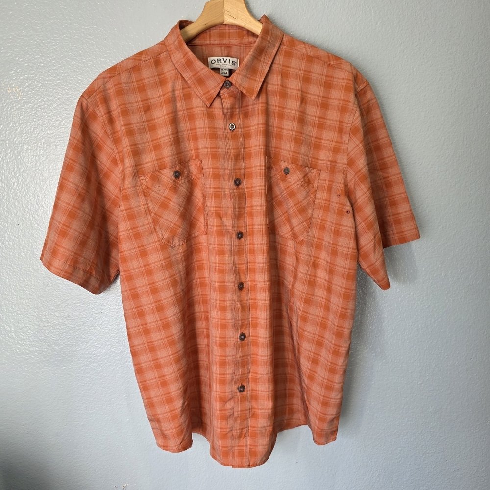 Orvis Men's Orange Plaid Short Sleeve Shirt Size XXL
